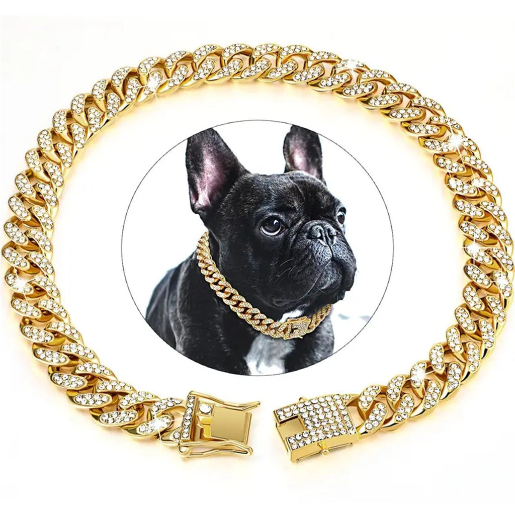 Hip Hop Pet Dog Collar Cuban Dog Chain Full Diamond Necklace Lock Gold Silver