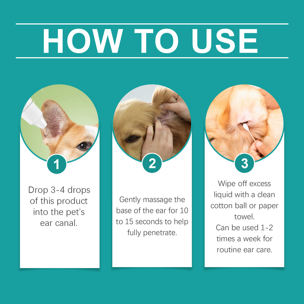 Pet ear wash to relieve ear discomfort in cats and dogs, clean, decontaminate, moisturize, soothe and nourish