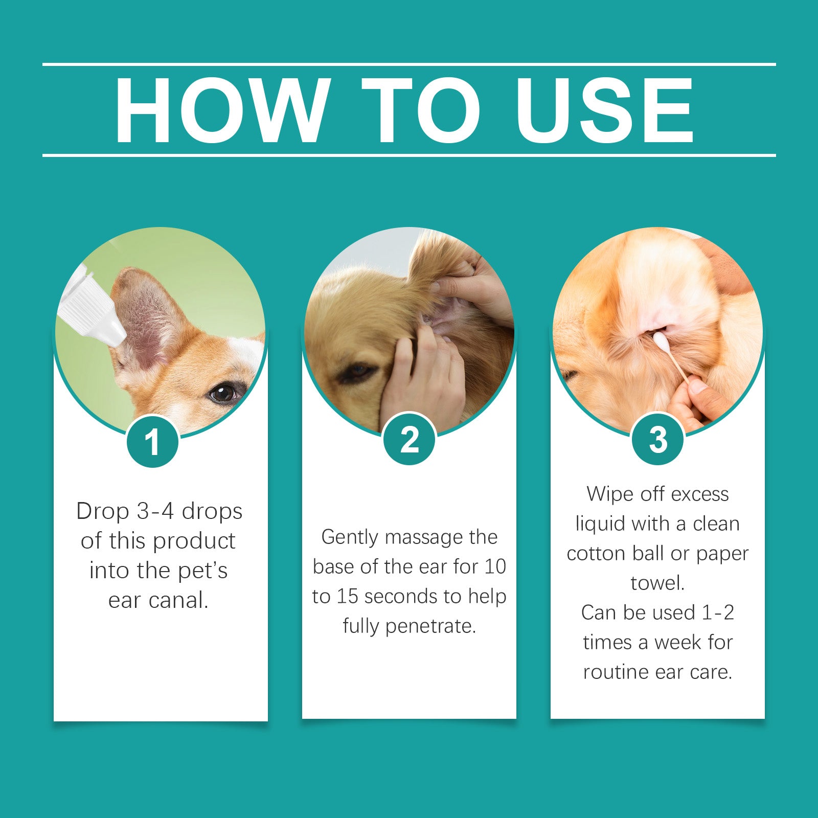 Pet ear wash to relieve ear discomfort in cats and dogs, clean, decontaminate, moisturize, soothe and nourish
