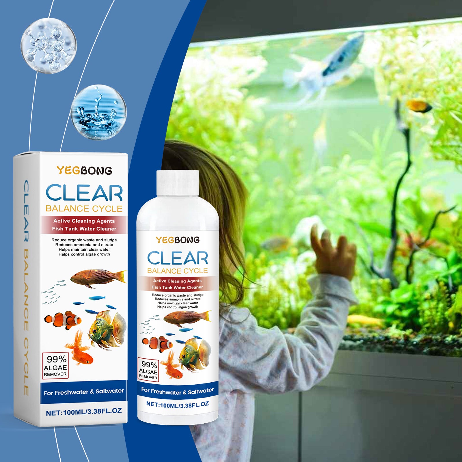 Fish tank water clarifier, clean fish tank stains, sludge, clear water quality, control algae growth